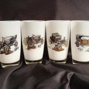 4 ANTIQUE AUTOS, FROSTED GLASSES BY GAY FAD, DODGE, BUICK, PACKARD & CADILLAC